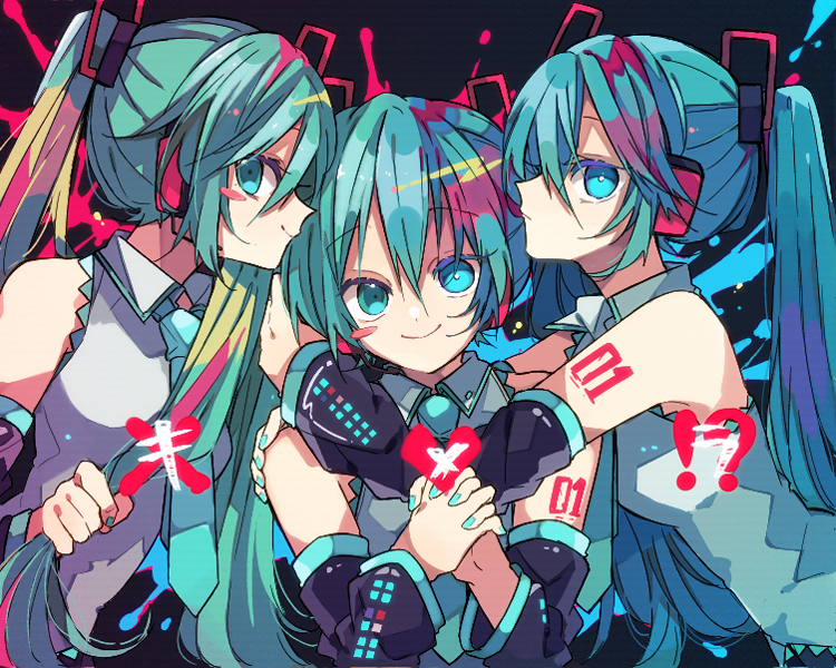 kaho 0102, hatsune miku, chimera (vocaloid), vocaloid, commentary request, !?, 3girls, bare shoulders, black sleeves, blue eyes, blue hair, blue nails, blue necktie, closed mouth, collared shirt, detached sleeves, hair between eyes, holding, holding own hair, hug, long hair, long sleeves, multiple girls, multiple persona, nail polish, necktie, number tattoo, own hands together, shirt, shoulder tattoo, sleeveless, sleeveless shirt, smile, tattoo, twintails, upper body