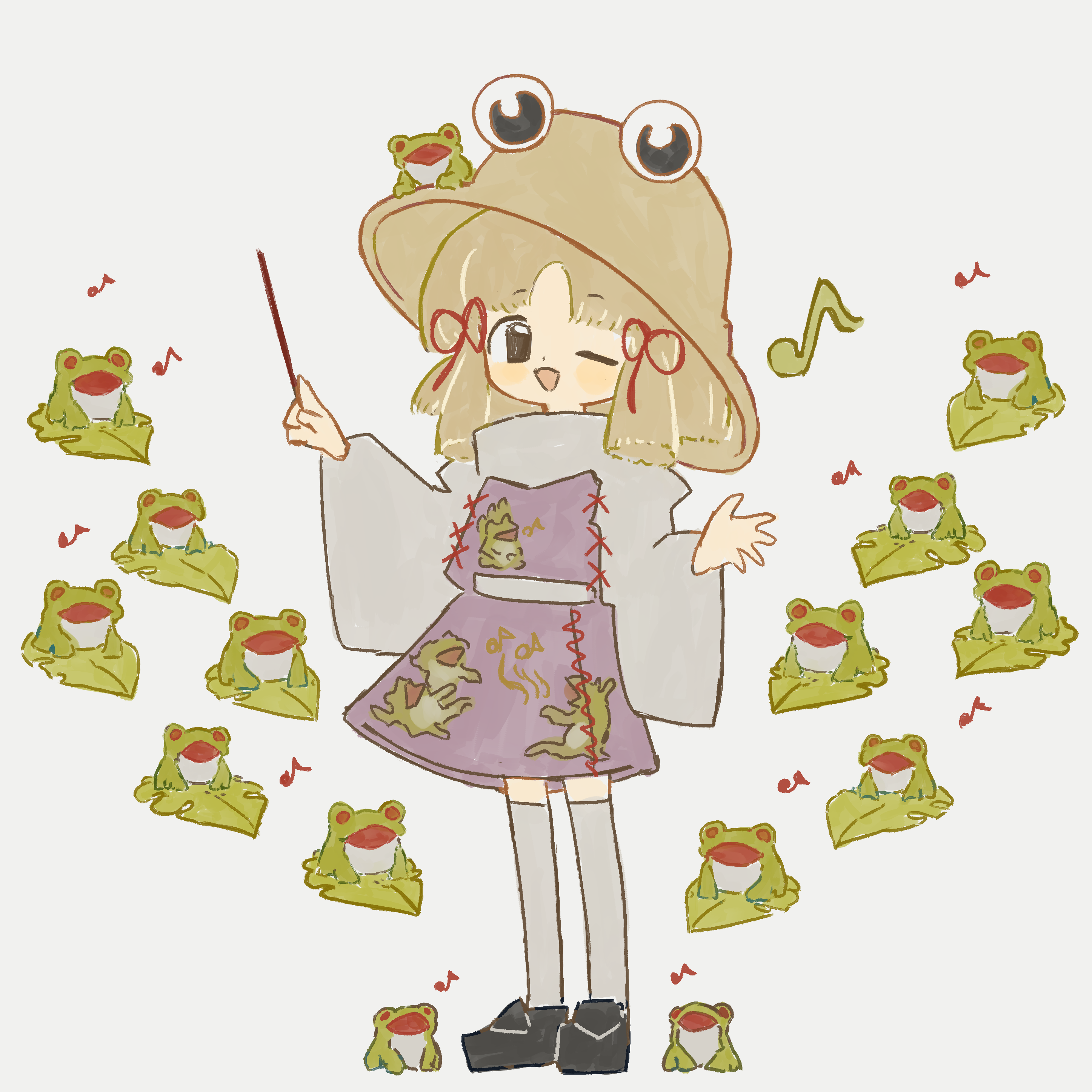 neruzou, moriya suwako, touhou, absurdres, commentary request, highres, 1girl, animal, animal print, black shoes, blonde hair, dress, eye on hat, frog, frog print, full body, holding baton, looking at viewer, musical note, on leaf, one eye closed, open mouth, print shirt, print skirt, purple dress, shirt, shoes, simple background, skirt, solo, standing, white background, wide sleeves