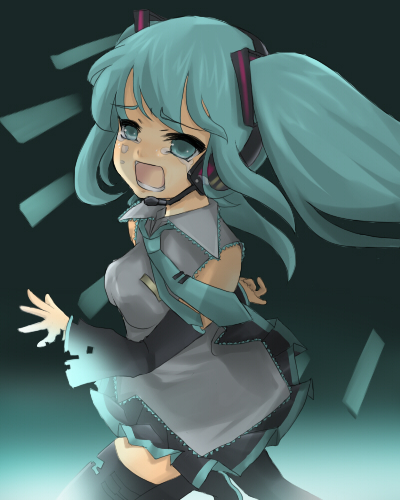 toda ayu, hatsune miku, vocaloid, lowres, aqua eyes, aqua hair, boots, digital dissolve, dissolving, pixel dissolve, running, sad, solo, tears, thigh boots, thighhighs, twintails, zettai ryouiki