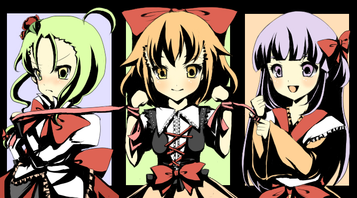 toda ayu, original, 3girls, :d, black dress, blush, bow, bowtie, breasts, capelet, cleavage, dress, frills, green eyes, green hair, long sleeves, looking at viewer, multiple girls, open mouth, orange hair, purple eyes, purple hair, red bow, red bowtie, ribbon, smile, upper body, yellow eyes