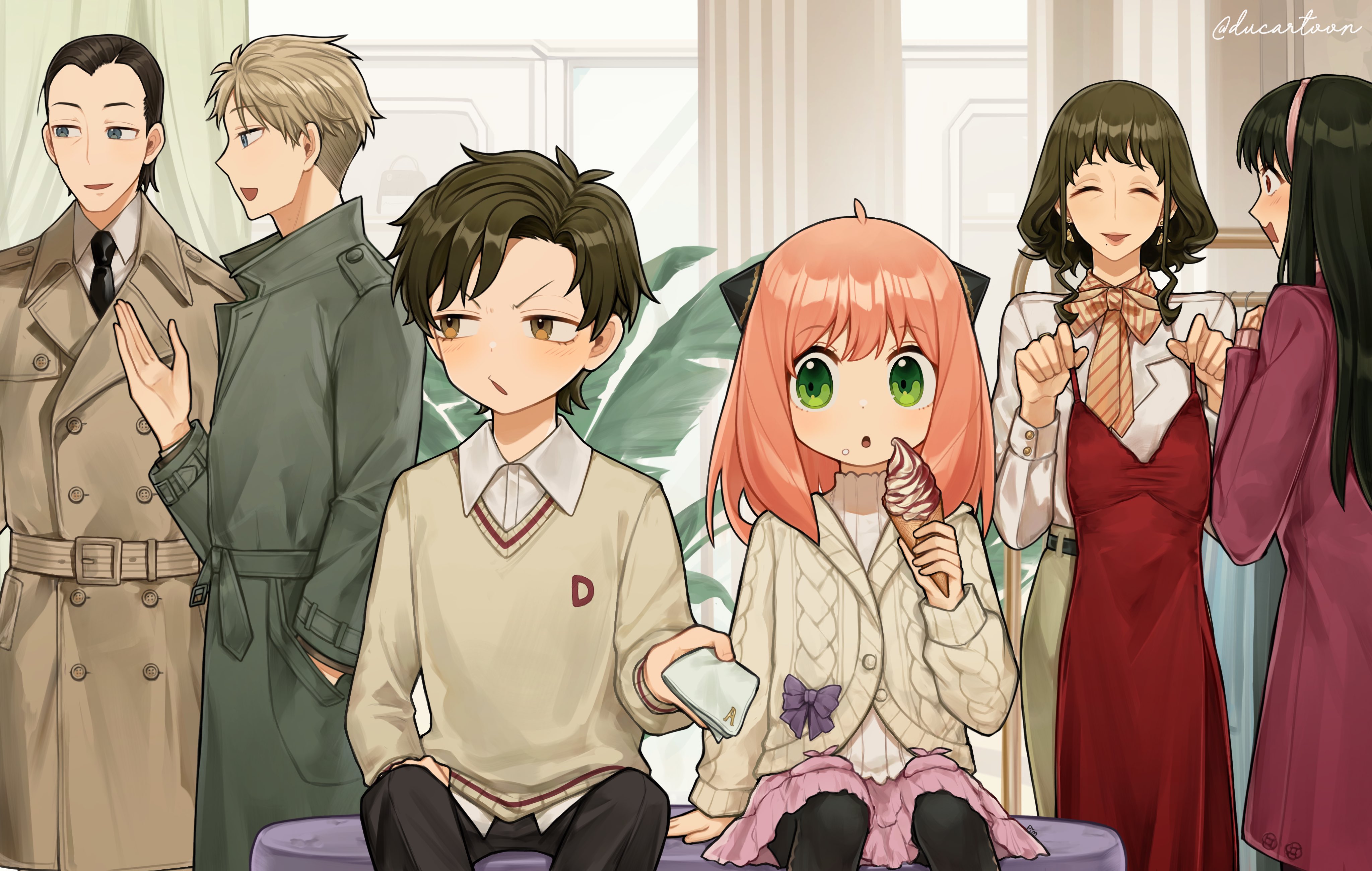 ducartoon, anya (spy x family), damian desmond, jeeves (spy x family), melinda desmond, twilight (spy x family), yor briar, spy x family, absurdres, highres, black hair, blush, dress, green eyes, hairpods, jacket, long hair, long sleeves, necktie, open mouth, pants, pink hair, shirt, short hair, smile, white shirt, yellow eyes