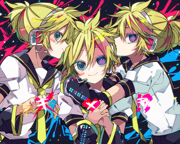 kaho 0102, kagamine len, chimera (vocaloid), vocaloid, commentary request, 3boys, arm warmers, bass clef, black sailor collar, black shorts, blonde hair, blush stickers, closed mouth, double-parted bangs, hair between eyes, headset, hug, male focus, multiple boys, multiple persona, nail polish, necktie, own hands together, purple eyes, sailor collar, shirt, short hair, short sleeves, shorts, smile, upper body, white shirt, yellow nails, yellow necktie