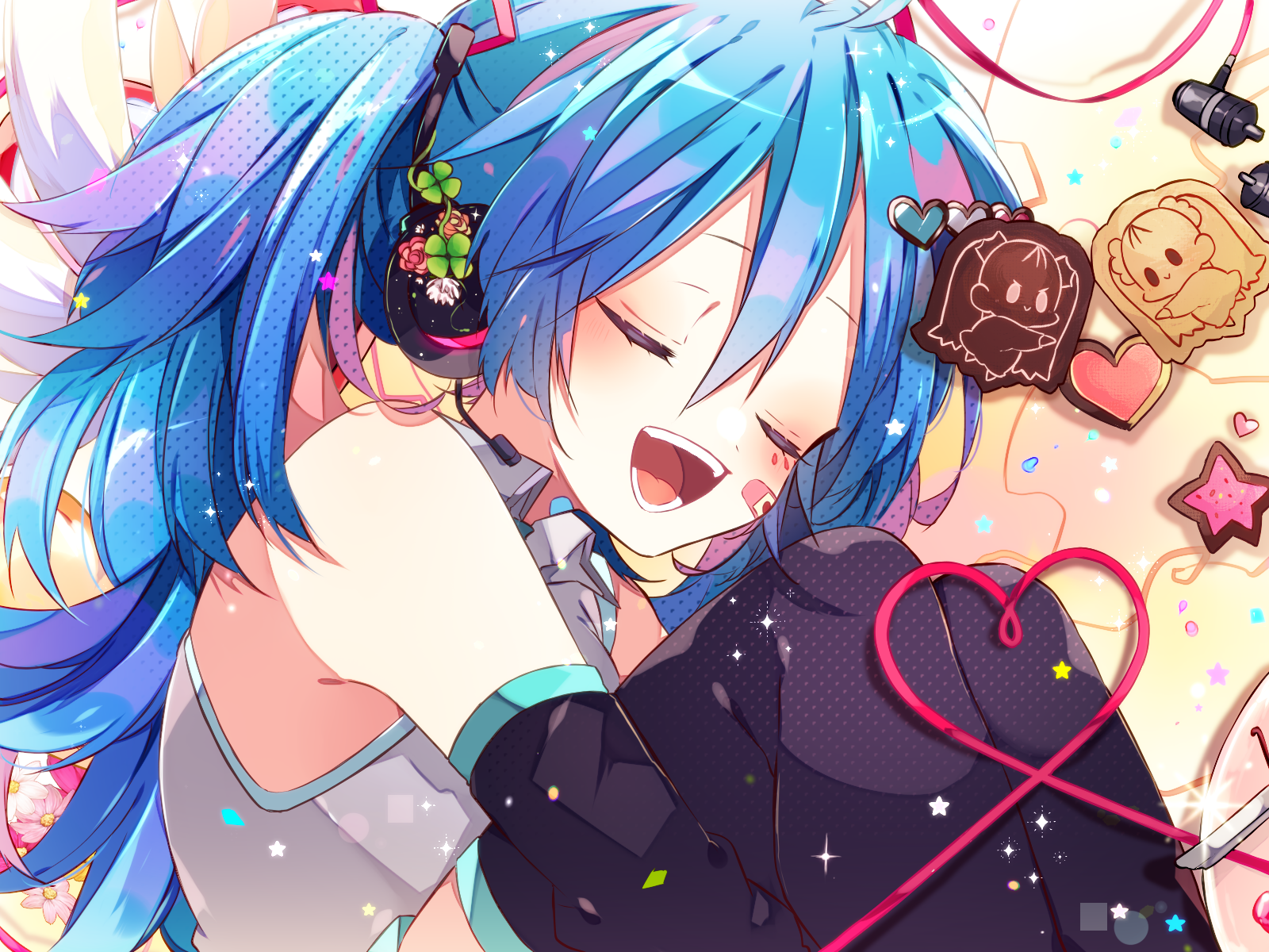 kaho 0102, hatsune miku, vocaloid, commentary request, highres, 1girl, :d, bandaid, bandaid on cheek, bandaid on face, bare shoulders, black sleeves, black thighhighs, blue hair, blush, closed eyes, collared shirt, cookie, detached sleeves, double-parted bangs, feet out of frame, food, hair between eyes, heart, heart of string, hugging own legs, long hair, lying, on side, open mouth, shirt, sleeveless, sleeveless shirt, smile, solo, thighhighs, twintails, yellow background