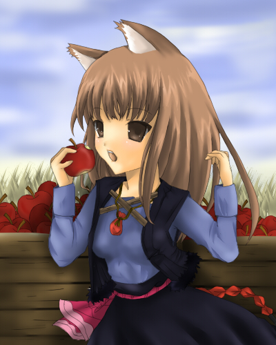 toda ayu, holo, spice and wolf, bad id, bad pixiv id, lowres, 00s, 1girl, animal ears, apple, female focus, food, fruit, holding, holding food, holding fruit, solo, wolf ears