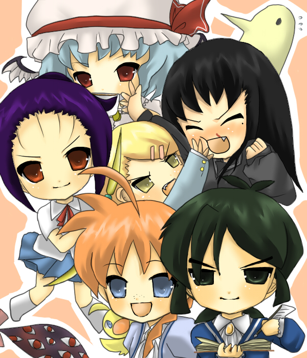 toda ayu, ahiru (duck) (princess tutu), ahiru (princess tutu), ariyoshi juna, fakir (princess tutu), onodera punpun, remilia scarlet, chikyuu shoujo arjuna, earth girl arjuna, oyasumi punpun, princess tutu, touhou, 00s, 1boy, 5girls, ahoge, bird, chibi, crossover, dual persona, duck, flying sweatdrops, freckles, gap (touhou), multiple crossover, multiple girls