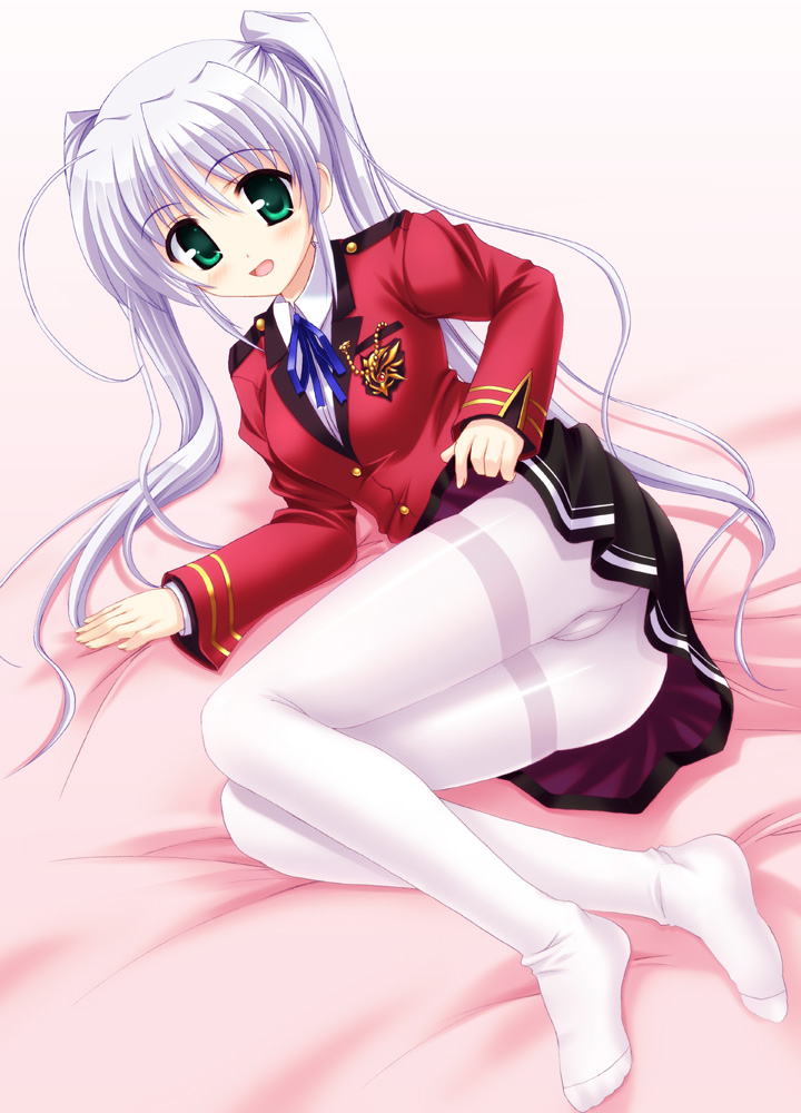 rakkyo, yuumin, tougi shiro, fortune arterial, 1girl, bed, female focus, green eyes, pantyhose, purple hair, school uniform, serafuku, skirt, solo, thighband pantyhose, twintails, white hair, white pantyhose