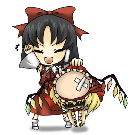 toda ayu, flandre scarlet, hakurei reimu, touhou, holding up, bad id, bad pixiv id, lowres, 2girls, arm up, ascot, bandages, black hair, blonde hair, bow, chibi, closed eyes, crossed bandaids, detached sleeves, female focus, hair bow, hair tubes, hat, lifting person, multiple girls, shaded face, short hair, simple background, skirt, vest, white background, wings