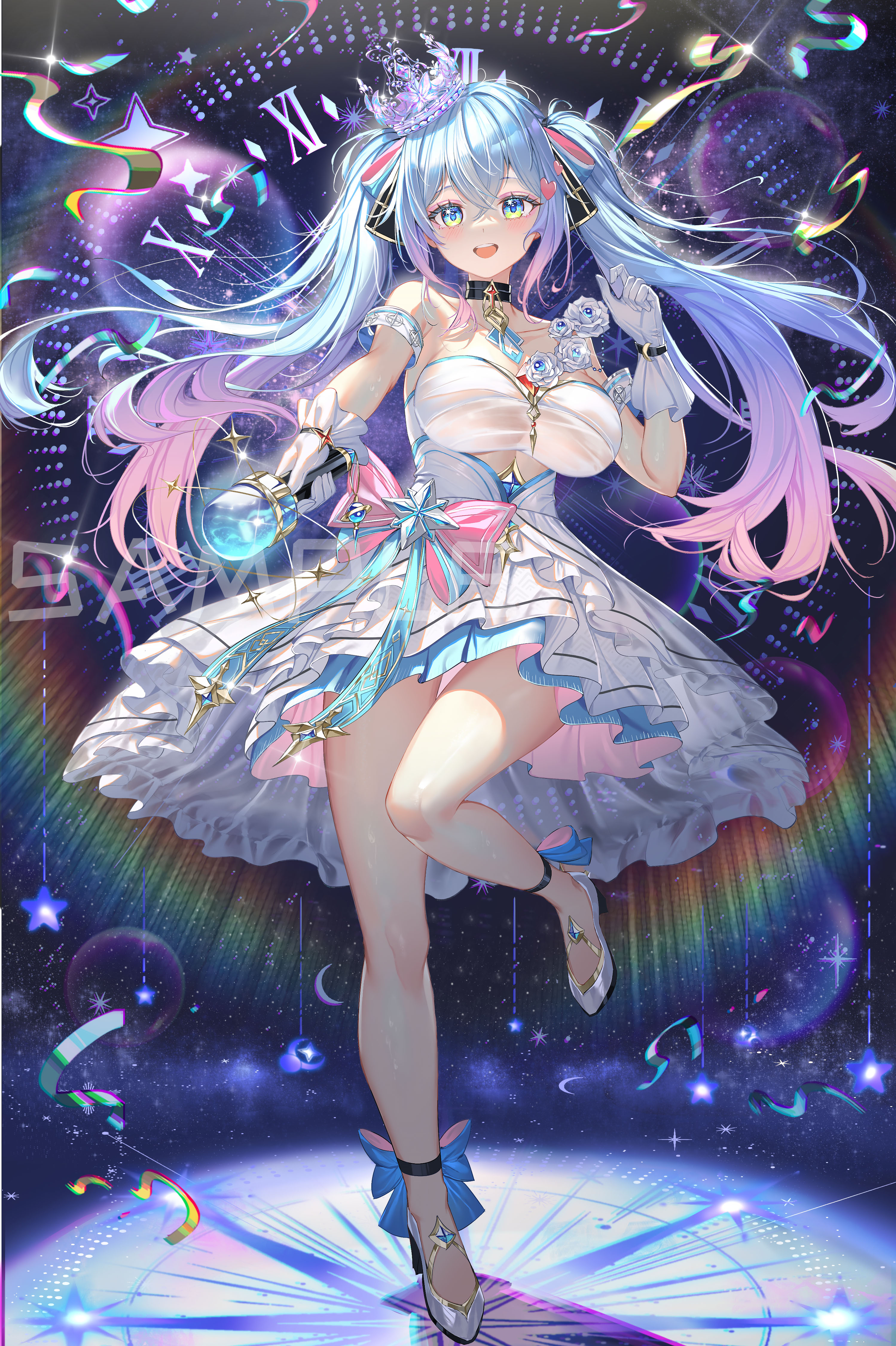 al guang, indie virtual youtuber, absurdres, highres, 1girl, bare legs, bare shoulders, black background, blue dress, blue eyes, blue hair, dress, gloves, gradient hair, hand up, high heels, leg up, long hair, looking at viewer, microphone, multicolored hair, pink hair, roman numeral, see-through clothes, solo, standing, standing on one leg, very long hair, white dress, white gloves