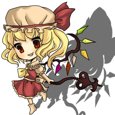 toda ayu, flandre scarlet, touhou, lowres, 1girl, blonde hair, blouse, collared shirt, female focus, hat, mob cap, red eyes, shirt, solo, white hat, white shirt, wings