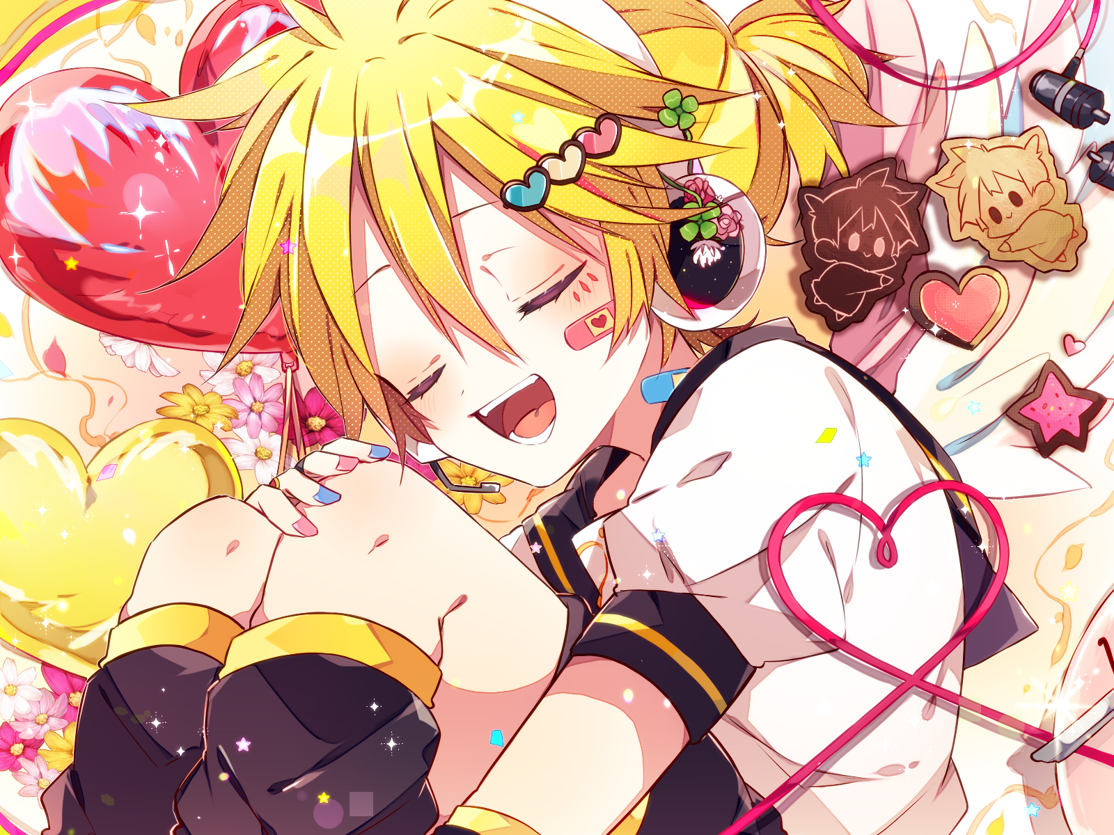kaho 0102, kagamine len, vocaloid, commentary request, highres, 1boy, :d, arm warmers, balloon, bandaid, bandaid on cheek, bandaid on face, bandaid on neck, bass clef, black sailor collar, black shorts, blonde hair, blue nails, blush, closed eyes, cookie, double-parted bangs, feet out of frame, food, hair between eyes, hand on own knee, heart, heart balloon, heart of string, leg warmers, male focus, multicolored nails, nail polish, open mouth, pink nails, sailor collar, shirt, short hair, short sleeves, shorts, smile, solo, star (symbol), white shirt
