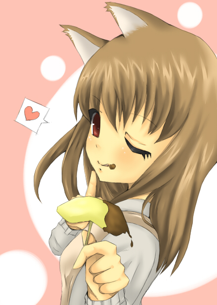 toda ayu, holo, spice and wolf, 00s, 1girl, animal ears, blunt bangs, brown hair, female focus, food, heart, long hair, long sleeves, one eye closed, red eyes, smile, solo, wolf ears