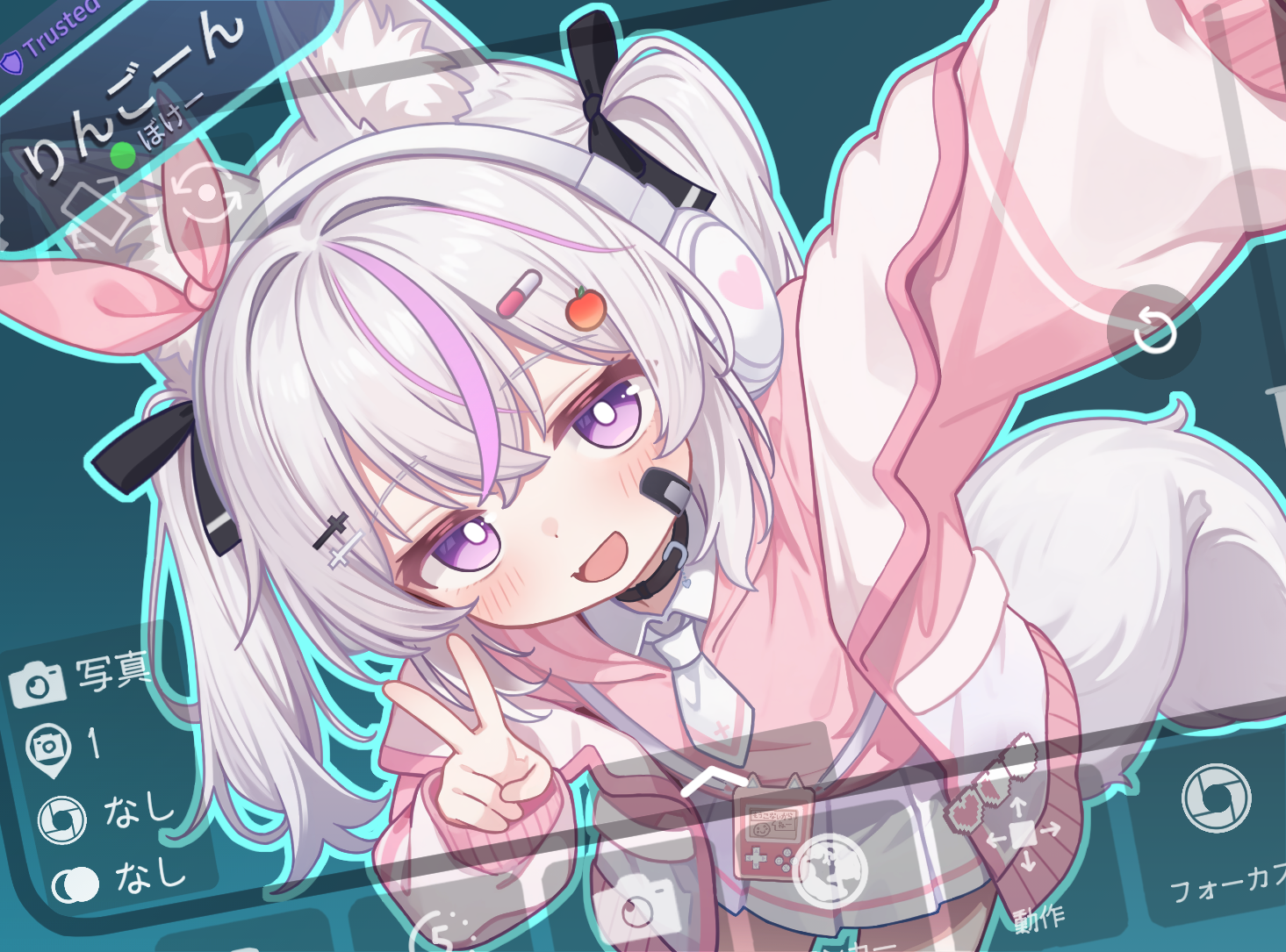kohaku rinne, karin (vrchat), vrchat, commission, skeb commission, 1girl, :d, animal ear fluff, animal ears, apple hair ornament, aqua background, aqua outline, arm up, bandaid, bandaid on cheek, bandaid on face, belt collar, black bow, black collar, blush, bow, bright pupils, collar, cowboy shot, cross hair ornament, dutch angle, fang, flat chest, food-themed hair ornament, fox ears, fox girl, fox tail, hair bow, hair ornament, handheld game console, hands up, headphones, heart, implied extra ears, jacket, jitome, layered clothes, leaning forward, light blush, looking at viewer, miniskirt, multicolored hair, necktie, off shoulder, open clothes, open jacket, open mouth, outline, pink jacket, pink ribbon, pink shirt, pink streaks, pixel heart, purple eyes, purple streaks, ribbon, selfie, shirt, short necktie, sidelocks, skin fang, skirt, smile, streaked hair, tail, twintails, user interface, v, white hair, white necktie, white pupils, white skirt, wing collar