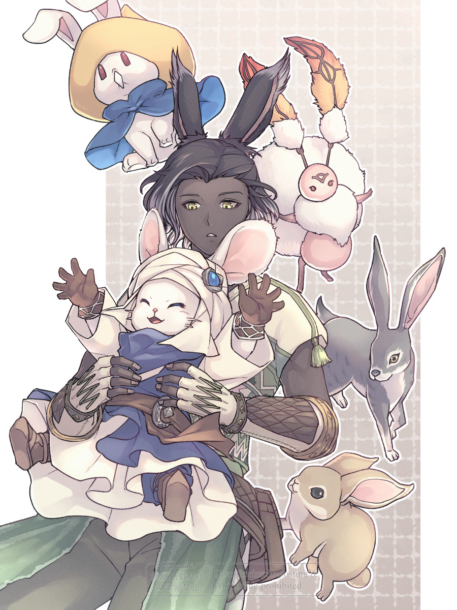 fugashi 117, erenville, final fantasy, final fantasy xiv, fluffy hair, commentary, highres, symbol-only commentary, 1boy, ^ ^, animal, animal ears, belt, belt pouch, black hair, brown belt, brown shoes, closed eyes, creature, dark-skinned male, dark skin, elbow gloves, fingerless gloves, fingernails, gloves, green pants, holding, holding creature, looking at another, loporrit, male focus, multicolored hair, mysidian rabbit, pants, parted lips, pouch, rabbit, rabbit boy, rabbit ears, shirt, shoes, short hair, short sleeves, smile, streaked hair, tassel, tunic, turban, viera, watermark, whiskers, white shirt, white tunic, white turban, yellow eyes