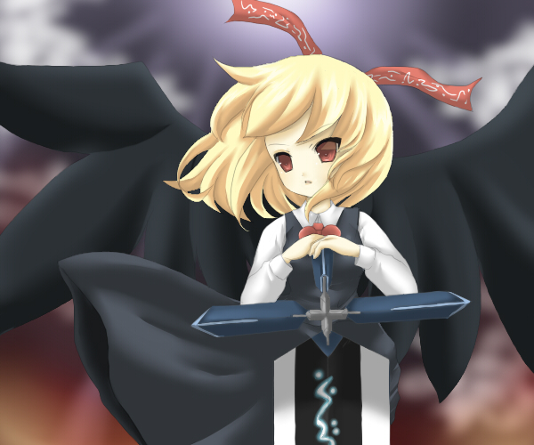 toda ayu, ex-rumia, rumia, embodiment of scarlet devil, touhou, 1girl, black wings, blonde hair, female focus, necktie, red eyes, ribbon, short hair, solo, sword, weapon, wings
