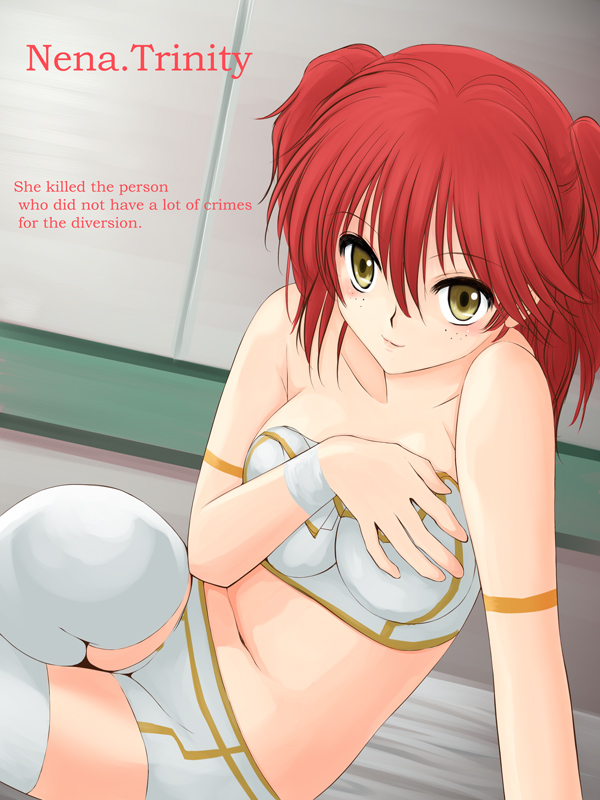 niwatori kokezou, nena trinity, gundam, gundam 00, 00s, 1girl, bed, blush, female focus, freckles, midriff, red hair, solo, thighhighs, undressing, yellow eyes