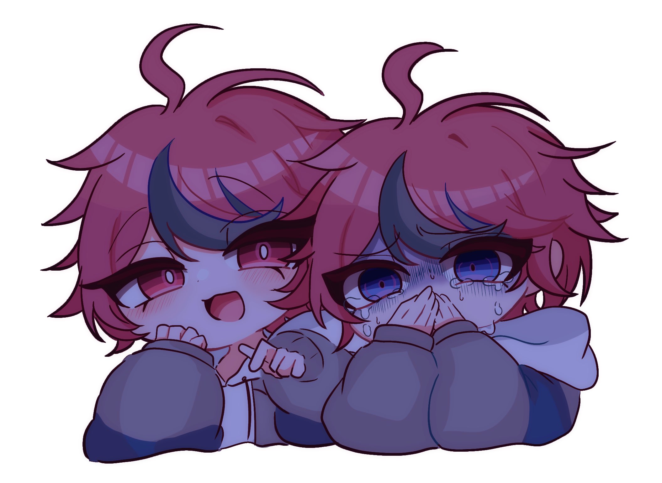 sumino takumi, the hundred line -last defense academy-, commentary request, highres, spoilers, 2boys, ahoge, black hair, black pants, blue eyes, blue jacket, blush, bright pupils, covering own mouth, crying, crying with eyes open, drawstring, dual persona, grey jacket, himawari (ovo hm), hood, hood down, hoodie, jacket, jacket over hoodie, long sleeves, male focus, multicolored hair, multicolored jacket, multiple boys, official alternate eye color, open clothes, open jacket, open mouth, pants, red hair, short hair, simple background, sleeves past wrists, smile, streaked hair, tears, thigh strap, tsurime, turn pale, two-tone hair, two-tone jacket, white background, white hoodie, white pupils