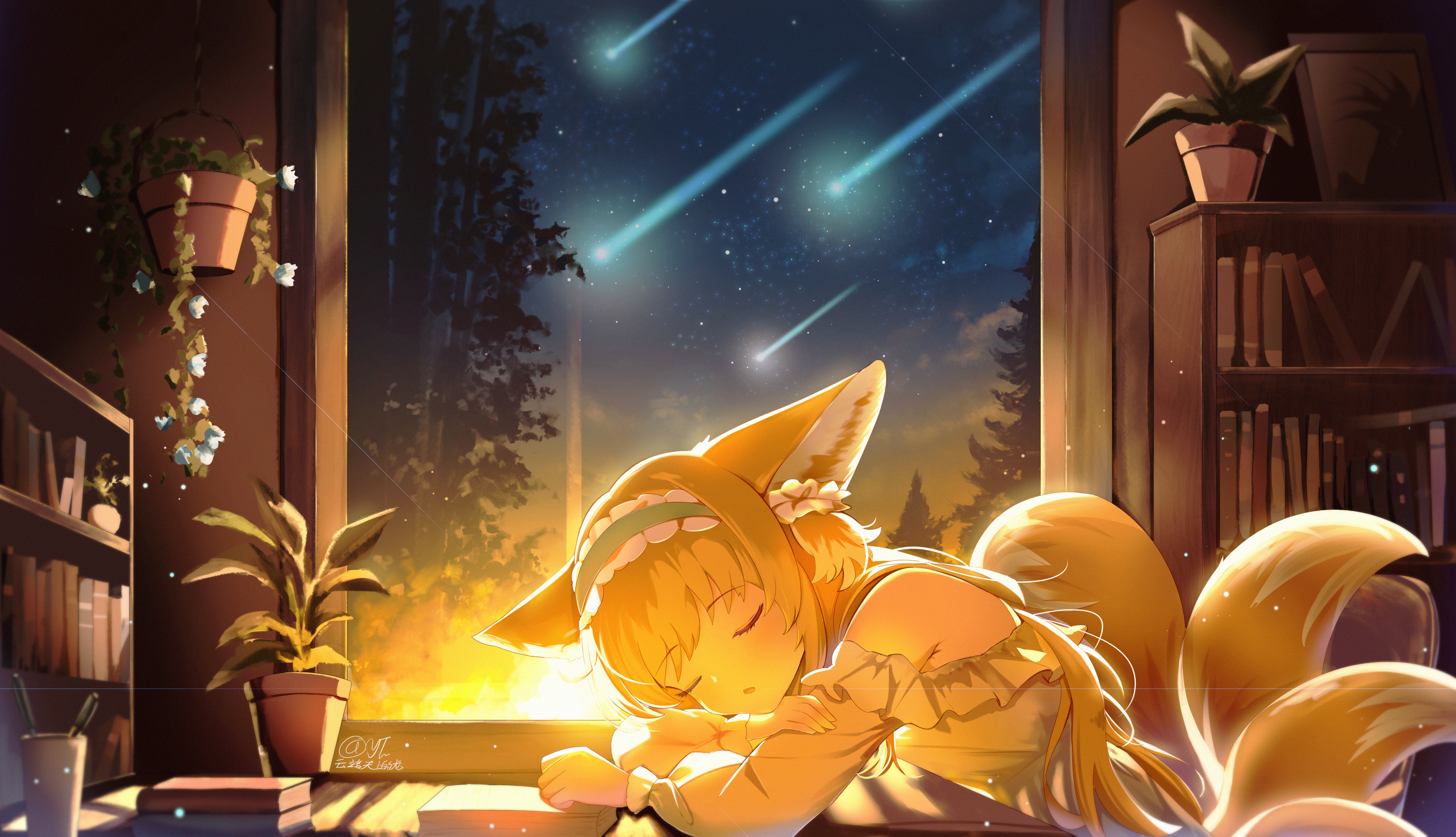 yunduan tianshang de long yt, suzuran (arknights), arknights, absurdres, chinese commentary, commentary request, highres, 1girl, alternate costume, animal ears, blonde hair, closed eyes, fox ears, fox girl, fox tail, hairband, multiple tails, plant, potted plant, solo, tail