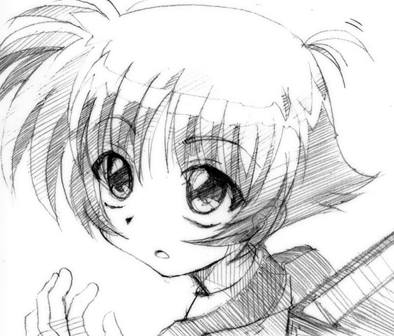 gofu, amy limietta, lyrical nanoha, mahou shoujo lyrical nanoha, traditional media, 00s, greyscale, monochrome, sketch, solo