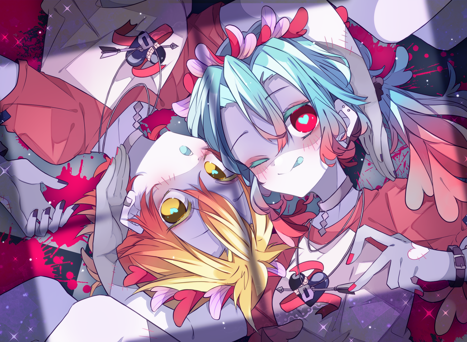 kaho 0102, hatsune miku, kagamine len, vocaloid, zombie (vocaloid), commentary request, 1boy, 1girl, :o, ;p, black nails, blonde hair, blue hair, blue tongue, blush, choker, closed mouth, colored tongue, double-parted bangs, grey choker, hair between eyes, heart, heart-shaped pupils, jewelry, long hair, looking at viewer, lying, necklace, on back, one eye closed, open mouth, patchwork skin, red eyes, red nails, red shirt, shirt, short hair, short sleeves, smile, stitched face, stitches, symbol-shaped pupils, tongue, tongue out, upper body, yellow eyes, zombification