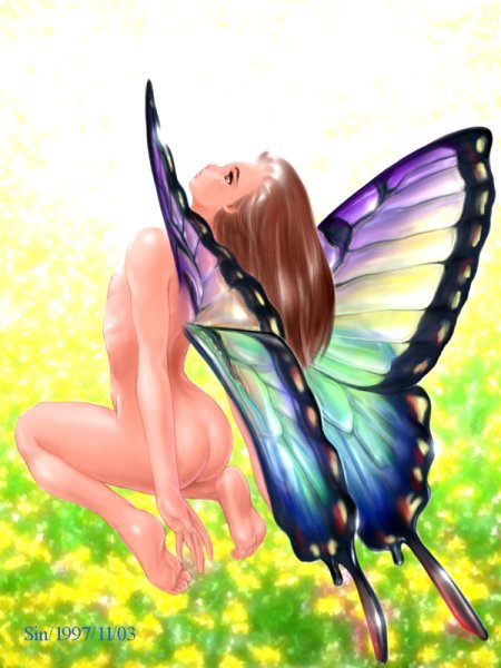 tagme, ass, breasts, brown hair, butterfly wings, fairy, insect wings, long hair, mini person, minigirl, nature, nipples, nude, wings