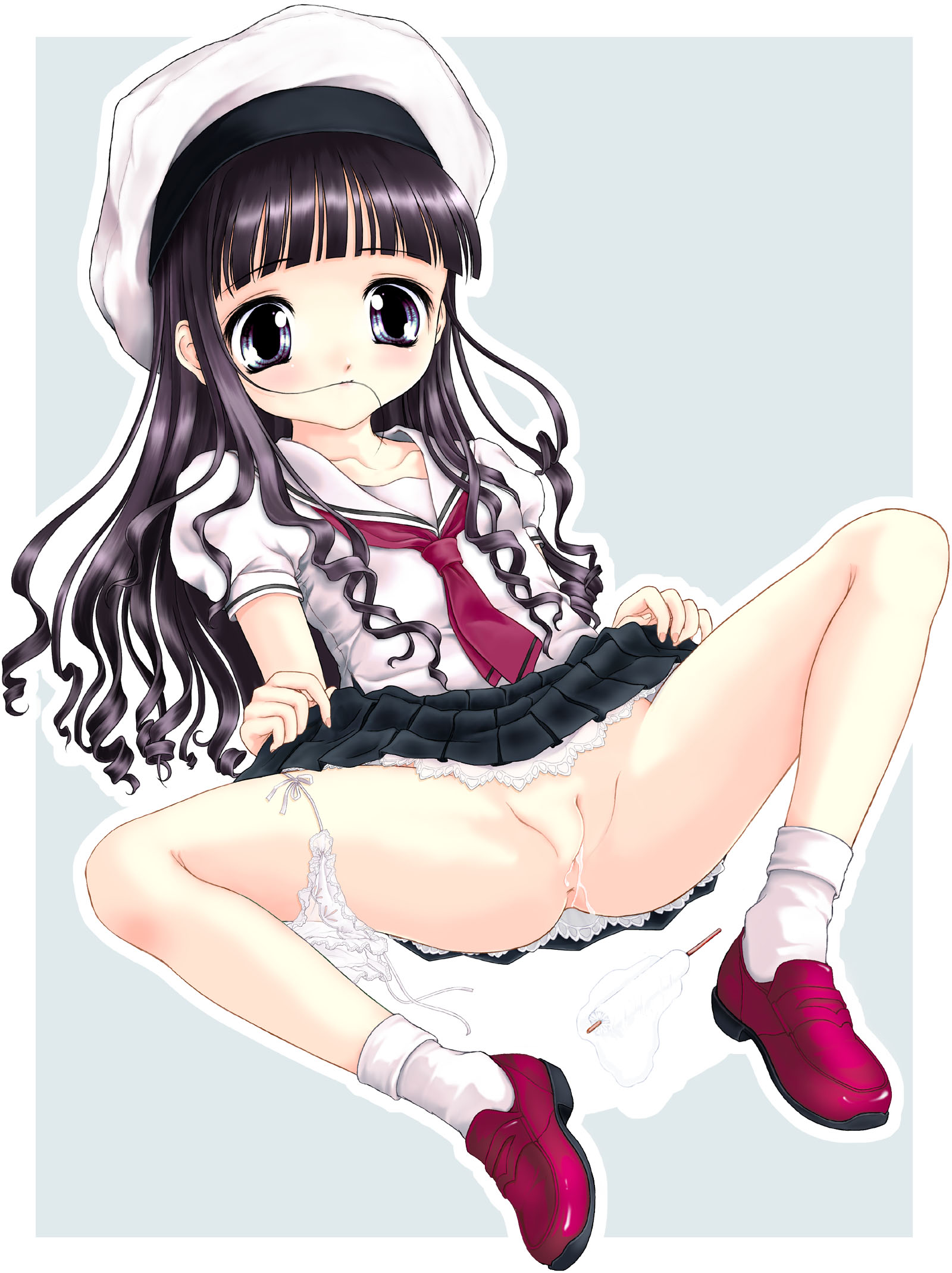 daidouji tomoyo, cardcaptor sakura, artist request, highres, 1990s (style), 1girl, anus, cleft of venus, female focus, food, ice cream, legs, loli, panties, panties around leg, pussy, pussy juice, retro artstyle, school uniform, serafuku, side-tie panties, socks, solo, spread legs, tomoeda middle school uniform, uncensored, underwear