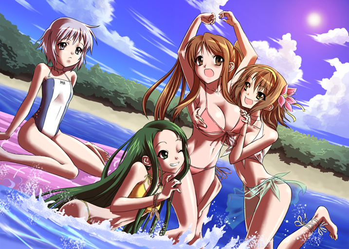 nekomamire, asahina mikuru, nagato yuki, suzumiya haruhi, tsuruya, suzumiya haruhi no yuuutsu, 00s, 4girls, barefoot, bikini, breasts, day, large breasts, long hair, medium breasts, multiple girls, pink bikini, swimsuit, very long hair, white bikini, yellow bikini, yuri