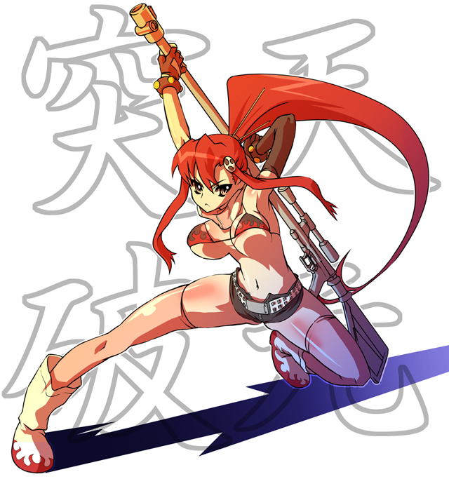 nekomamire, yoko littner, tengen toppa gurren lagann, 00s, 1girl, anti-materiel rifle, belt, bikini, bikini top only, boots, bouncing breasts, breasts, cleavage, female focus, full body, gun, hair ornament, large breasts, legs, long hair, long legs, navel, pink thighhighs, ponytail, red bikini, red hair, rifle, short shorts, shorts, sniper rifle, solo, spread legs, studded belt, swimsuit, thighhighs, thighs, very long hair, weapon, white background