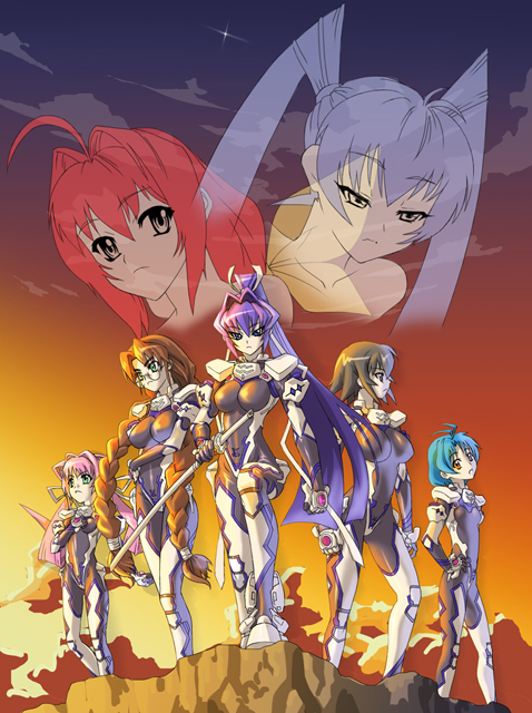 nekomamire, ayamine kei, kagami sumika, mitsurugi meiya, sakaki chizuru, tamase miki, yashiro kasumi, yoroi mikoto, muv-luv, pilot suit, 6+girls, black bodysuit, blue hair, bodysuit, braid, brown hair, cliff, fortified suit, glasses, hair ribbon, long hair, looking at viewer, mecha pilot suit, multiple girls, outdoors, pink hair, ponytail, purple hair, red hair, ribbon, serious, short hair, sky, standing, sunset, sword, transparent, twin braids, twintails, very long hair, weapon