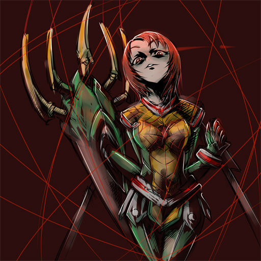 nekomamire, juliet nao zhang, my-otome, 00s, 1girl, bodysuit, cowboy shot, female focus, glowing, glowing eyes, looking at viewer, pale skin, parted lips, red background, red eyes, red hair, silk, simple background, solo, spider web, standing, teeth