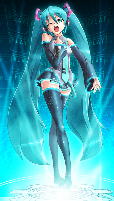 nekomamire, hatsune miku, vocaloid, 1girl, aqua hair, female focus, long hair, solo, thighhighs, twintails, very long hair