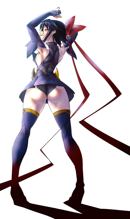nekomamire, kagano ai, mahou shoujo ai, 00s, 1girl, arms up, ass, blue hair, blue thighhighs, boots, bow, breasts, bridal gauntlets, female focus, flat chest, from behind, hair bow, hair ribbon, kneepits, looking back, magical girl, purple hair, red eyes, ribbon, shadow, short hair, sideboob, simple background, smile, solo, standing, thigh boots, thighhighs, white background