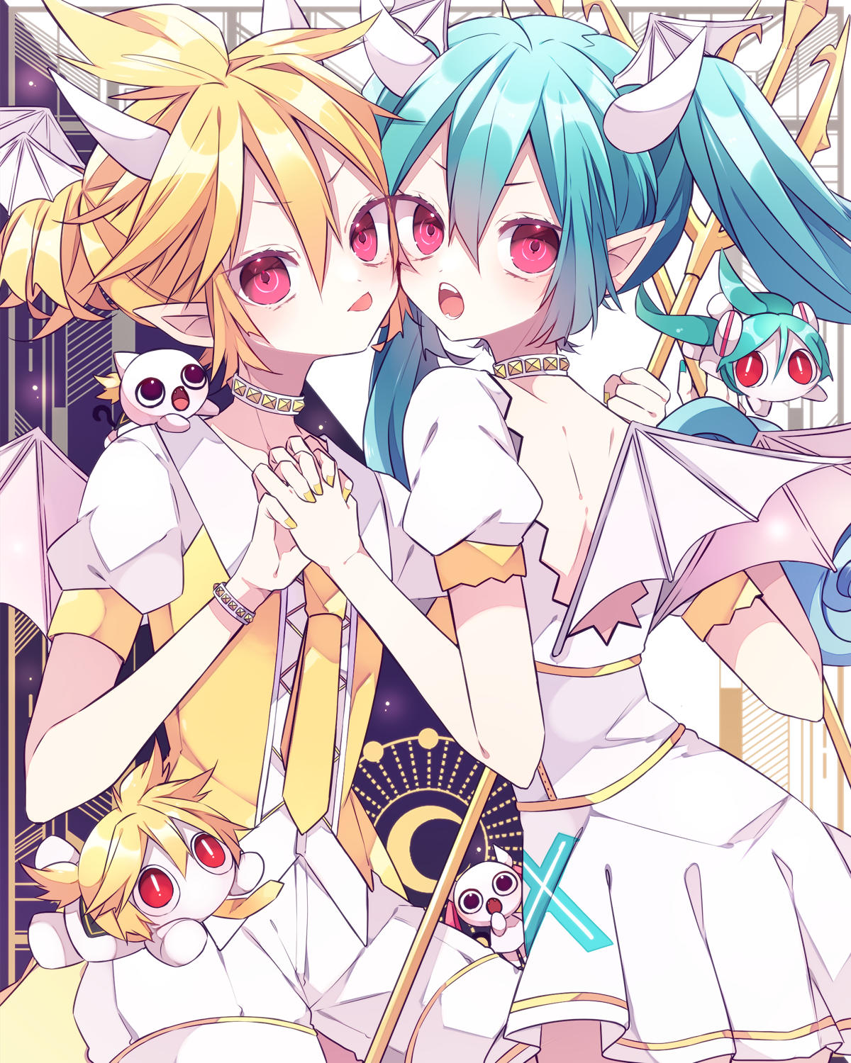kaho 0102, aimaina, doushite-chan, hatsune miku, kagamine len, vocaloid, commentary request, highres, 1boy, 1girl, :o, bat wings, blonde hair, blue hair, blue nails, choker, closed mouth, cowboy shot, devil janai mon (vocaloid), double-parted bangs, dress, hair between eyes, head wings, holding hands, horns, interlocked fingers, long hair, looking at viewer, nail polish, open mouth, pointy ears, red eyes, shirt, short hair, short sleeves, shorts, tongue, tongue out, twintails, v-shaped eyebrows, vest, white choker, white dress, white horns, white shirt, white shorts, white wings, wings, yellow nails, yellow vest