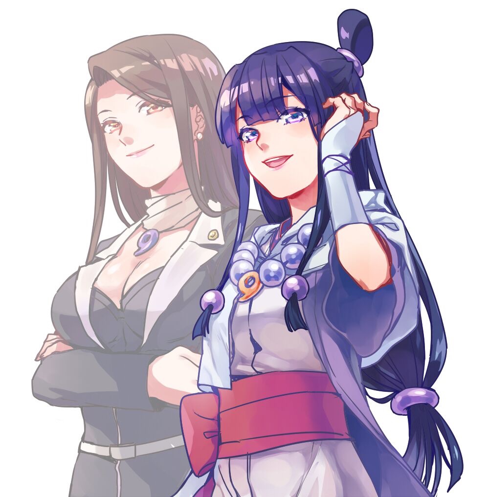 hun (endlesslovehikaru), maya fey, mia fey, ace attorney, phoenix wright: ace attorney – spirit of justice, chinese commentary, commentary request, 2girls, bead necklace, beads, black hair, black jacket, blunt bangs, bow, breasts, cleavage, closed mouth, crossed arms, earrings, ghost, gloves, hair beads, hair ornament, half updo, hand in own hair, hand up, hanten (clothes), jacket, japanese clothes, jewelry, kimono, lapel pin, lapels, long hair, long sidelocks, long sleeves, looking to the side, magatama, magatama necklace, medium breasts, multiple girls, necklace, notched lapels, obi, open clothes, open jacket, open mouth, parted bangs, pearl earrings, purple eyes, purple jacket, red bow, red sash, sash, scarf, siblings, side-by-side, sidelocks, simple background, sisters, smile, teeth, topknot, upper body, upper teeth only, white background, white gloves, white kimono, wide sleeves, yellow scarf