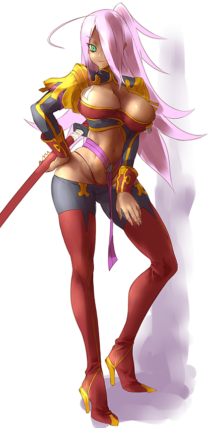 nekomamire, garnet mclane, dragonaut, 00s, 1girl, breasts, cleavage, cleavage cutout, clothing cutout, crop top, dark-skinned female, dark skin, female focus, full body, high heels, huge breasts, midriff, panties, purple hair, shoes, solo, standing, sword, thong, underwear, weapon