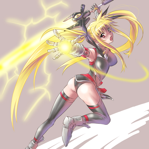 nekomamire, bardiche (nanoha), bardiche (riot blade) (nanoha), fate testarossa, fate testarossa (true sonic form), lyrical nanoha, mahou shoujo lyrical nanoha, mahou shoujo lyrical nanoha strikers, 00s, 1girl, ass, blonde hair, breasts, female focus, long hair, solo, thighhighs, twintails, very long hair