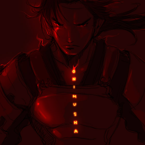 falcoon, akechi samanosuke, capcom, onimusha, onimusha: warlords, 1boy, armor, copyright name, dark, japanese armor, male focus, red theme, samurai, solo