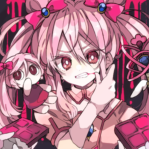 kaho 0102, aimaina, hatsune miku, mahou shoujo to chokorewito (vocaloid), vocaloid, commentary request, lowres, 1girl, blood, bow, bright pupils, candy, chocolate, chocolate bar, clenched teeth, double-parted bangs, food, gloves, hair between eyes, hair bow, hand up, holding, holding chocolate, holding food, long hair, looking at viewer, pink blood, pink bow, pink eyes, pink gloves, pink hair, pink shirt, shirt, short sleeves, solo focus, teeth, twintails, upper body, white pupils