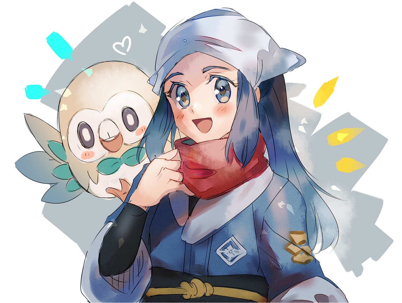 kash-phia, akari (pokemon), rowlet, nintendo, pokemon, pokemon legends: arceus, 1girl, 1other, :d, bird, black shirt, blue eyes, blue hair, blue kimono, blush stickers, emphasis lines, galaxy expedition team survey corps uniform, gen 7 pokemon, headscarf, heart, japanese clothes, kimono, obi, open mouth, owl, red scarf, sash, scarf, shirt, simple background, smile, white background, white headscarf