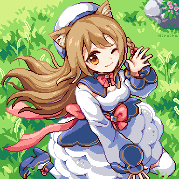 hiroita, indie virtual youtuber, commentary request, commission, skeb commission, 1girl, animal ears, bow, braid, brown hair, cat ears, detached sleeves, dress, flower, from above, hat, high heels, long hair, long sleeves, looking at viewer, nekoha neru, one eye closed, pink bow, pink flower, pixel art, rock, sailor collar, smile, solo, virtual youtuber, white dress, white hat