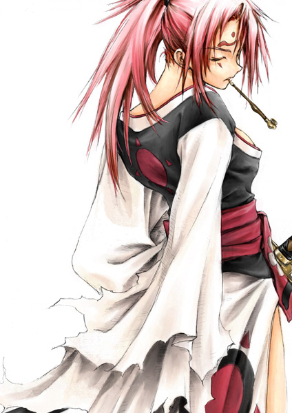 baiken, arc system works, guilty gear, 1girl, closed eyes, facial mark, female focus, forehead mark, from behind, japanese clothes, kimono, kiseru, looking back, pink hair, pipe in mouth, ponytail, scar, simple background, smoking pipe, solo, tattoo, white background