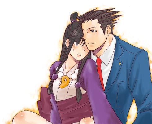 maya fey, phoenix wright, ace attorney, capcom, lowres, 1boy, 1girl, ahoge, black hair, blue eyes, blush, formal clothes, half updo, japanese clothes, jewelry, long hair, magatama, necklace, necktie, suit, sweatdrop
