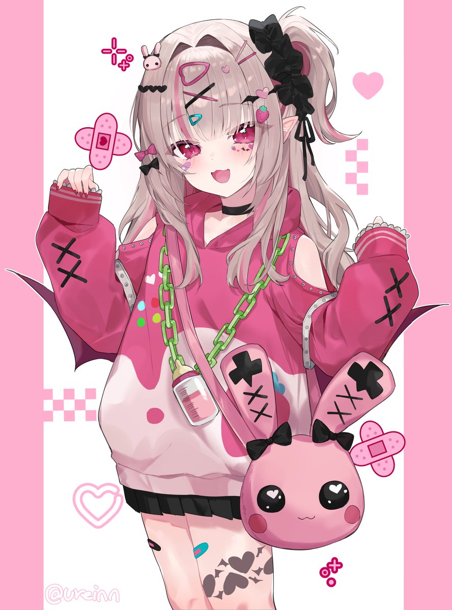 ureinnn, makaino ririmu, nijisanji, 1girl, :3, :d, animal bag, baby bottle, bag, bandaid, bandaid on face, bandaid on leg, bare shoulders, black bow, black choker, black scrunchie, black skirt, blunt bangs, blush, border, bottle, bow, chain, chain necklace, choker, clothing cutout, colored inner hair, cross-laced clothes, cross-laced sleeves, demon wings, feet out of frame, food-themed hair ornament, food print, frilled sleeves, frills, fruit print, grey hair, hair bow, hair intakes, hair ornament, hair over shoulder, hair scrunchie, hairclip, hairpin, heart, heart hair ornament, heart print, heart sticker, hood, hood down, hoodie, jewelry, leg tattoo, long hair, long sleeves, looking at viewer, miniskirt, multicolored hair, multiple hairpins, nail polish, necklace, official alternate costume, official alternate hairstyle, one side up, open mouth, outside border, pillarboxed, pink border, pink bow, pink hair, pink hoodie, pink nails, pleated skirt, pointy ears, rabbit bag, rabbit hair ornament, red eyes, red wings, scrunchie, shoulder bag, shoulder cutout, sidelocks, simple background, skirt, sleeves past wrists, smile, solo, standing, sticker, sticker on face, strawberry hair ornament, strawberry print, streaked hair, stuffed animal, stuffed rabbit, stuffed toy, tattoo, triangle hair ornament, two-tone hoodie, two side up, virtual youtuber, w arms, white background, white hoodie, winged heart, winged heart tattoo, wings, x hair ornament