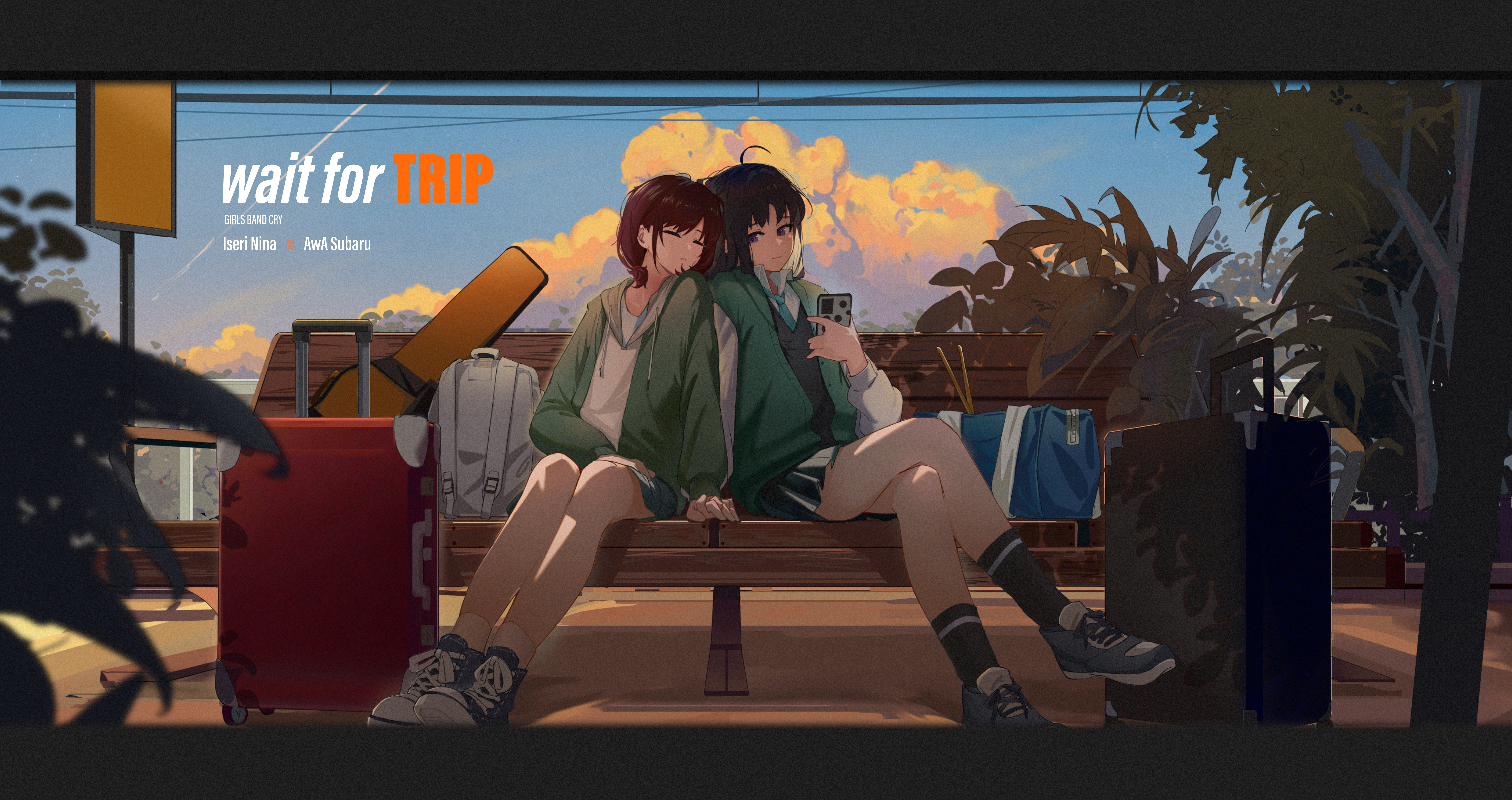 zarakaga, awa subaru, iseri nina, girls band cry, absurdres, chinese commentary, commentary request, highres, 2girls, ahoge, bag, bench, black hair, black skirt, black socks, blue bag, blue shoes, brown hair, cellphone, cloud, drumsticks, green jacket, guitar case, holding, holding phone, instrument case, jacket, long hair, long sleeves, low twintails, multiple girls, phone, pleated skirt, rolling suitcase, school bag, shoes, short hair, short twintails, sitting, skirt, sleeping, sleeping on person, smartphone, sneakers, socks, suitcase, tree, twintails, white socks