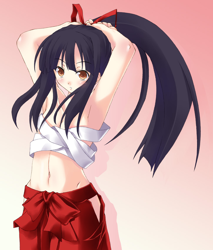 iwasaki takashi, bushidou (sekaiju), bushidou 2 (sekaiju), atlus, etrian odyssey, 1girl, armpits, arms up, bare shoulders, black hair, blunt bangs, blush, bow, clothing cutout, embarrassed, female focus, flat chest, gradient background, hair ribbon, hairdressing, hakama, hakama pants, hip focus, hip vent, japanese clothes, long hair, looking at viewer, midriff, navel, nipple slip, nipples, no panties, no shirt, orange eyes, pants, parted bangs, ponytail, red hakama, ribbon, samurai, sarashi, shadow, side slit, sidelocks, solo, wide hips