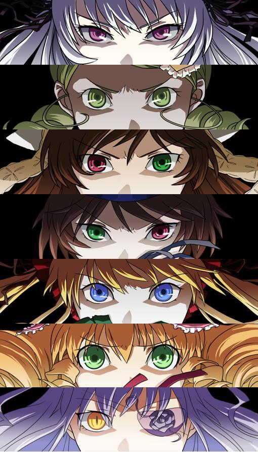 barasuishou, hinaichigo, kanaria, shinku, souseiseki, suigintou, suiseiseki, atlus, persona, persona 3, rozen maiden, silver hair, 6+girls, blonde hair, blue eyes, bonnet, brown hair, column lineup, cut-in, eye focus, eyepatch, flower, green eyes, hairband, heterochromia, lineup, multiple girls, parody, persona eyes, purple hair, red eyes, rose, siblings, sisters, twins, yellow eyes