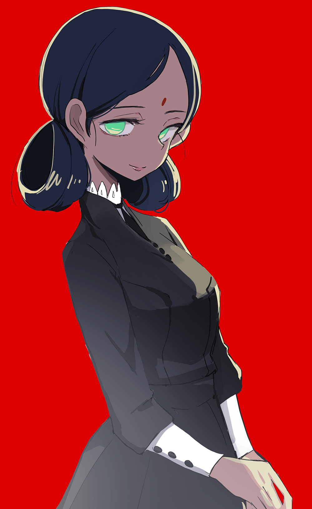 tansuke, lalah sune, gundam, highres, 1girl, bindi, black dress, black hair, black necktie, black skirt, collared dress, cowboy shot, cuffs, dark-skinned female, dark skin, dress, eyelashes, facial mark, forehead, forehead mark, formal clothes, from side, green eyes, high-waist skirt, high collar, holding own hand, light smile, long hair, long sleeves, looking at viewer, looking to the side, necktie, parted bangs, red background, simple background, skirt, solo, standing