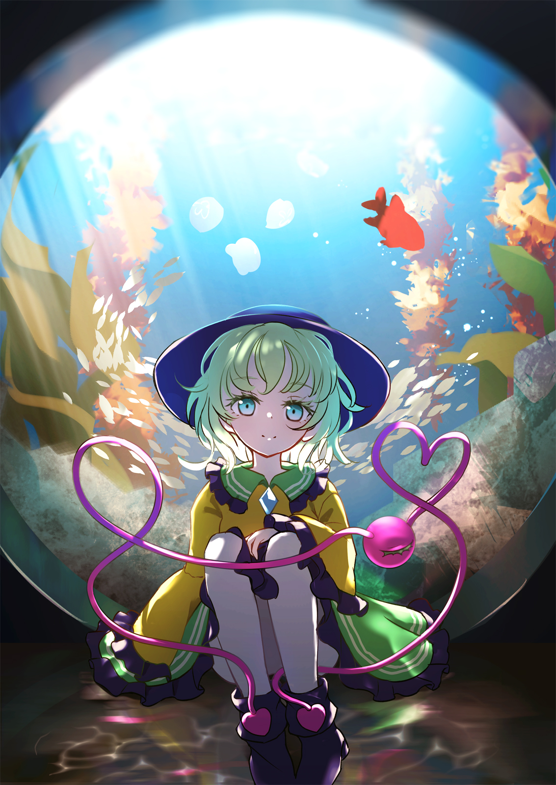 dise (psychoro), komeiji koishi, touhou, highres, 1girl, aquarium, black boots, black hat, boots, buttons, caustics, closed mouth, diamond button, fish, frilled shirt collar, frilled skirt, frills, green eyes, green hair, green skirt, hat, knees to chest, long sleeves, looking at viewer, medium hair, shirt, sitting, skirt, smile, solo, third eye, yellow shirt