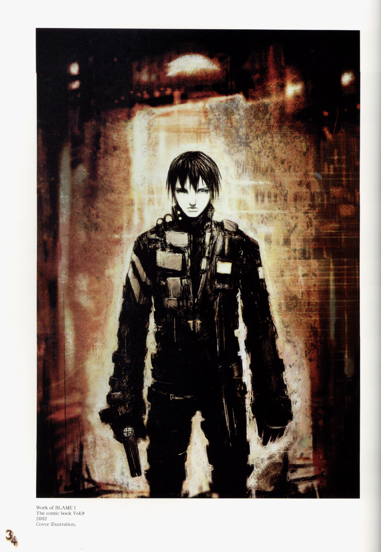 nihei tsutomu, killy, blame!, blame and so on, uniform, highres, 1boy, black bodysuit, black gloves, black hair, bodysuit, closed mouth, expressionless, gloves, grey eyes, gun, handgun, holding, holding weapon, looking at viewer, male focus, pistol, solo, standing, weapon
