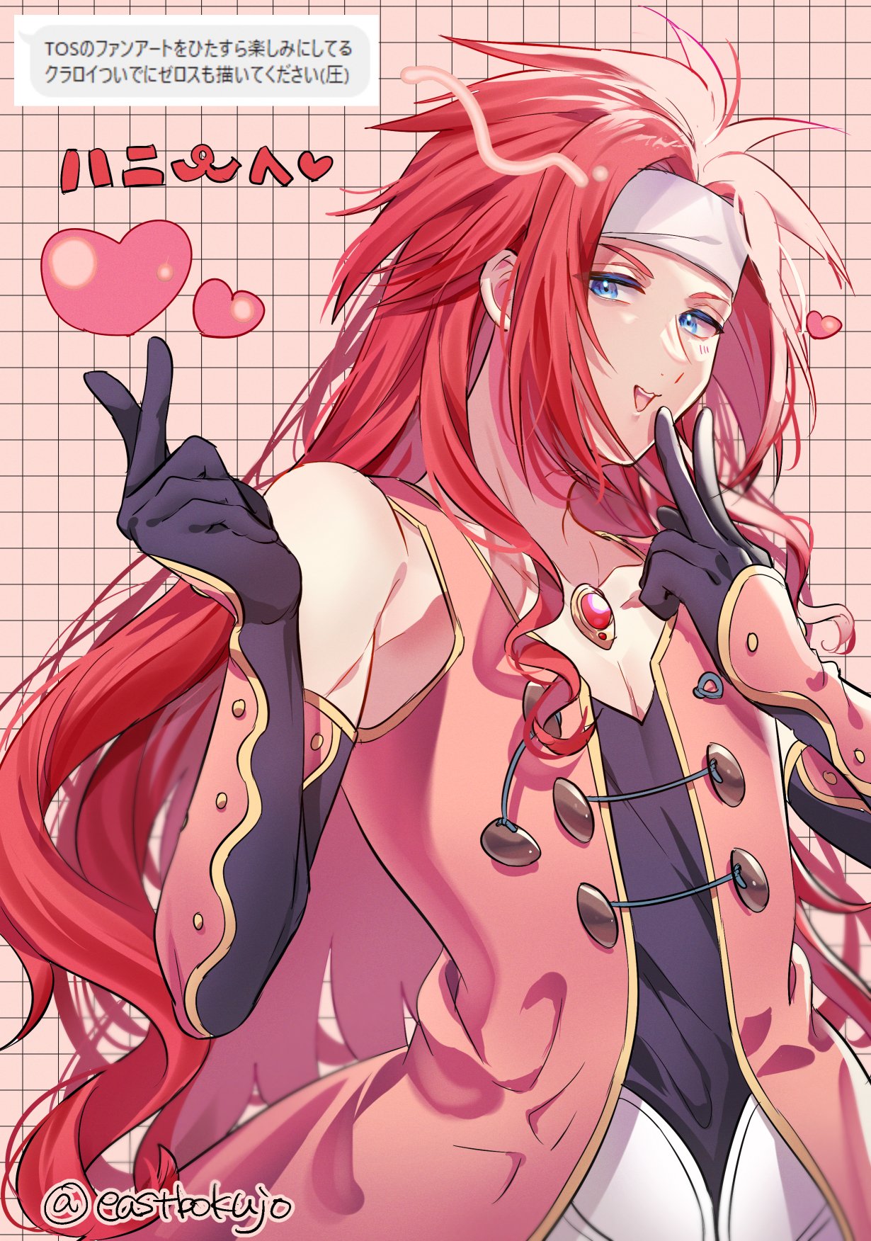 zelos wilder, tales of (series), tales of symphonia, highres, black shirt, blue eyes, eastbokujo, elbow gloves, finger heart, gloves, gold trim, grid background, headband, heart, jacket, pink gloves, pink jacket, red hair, shirt, v, white headband