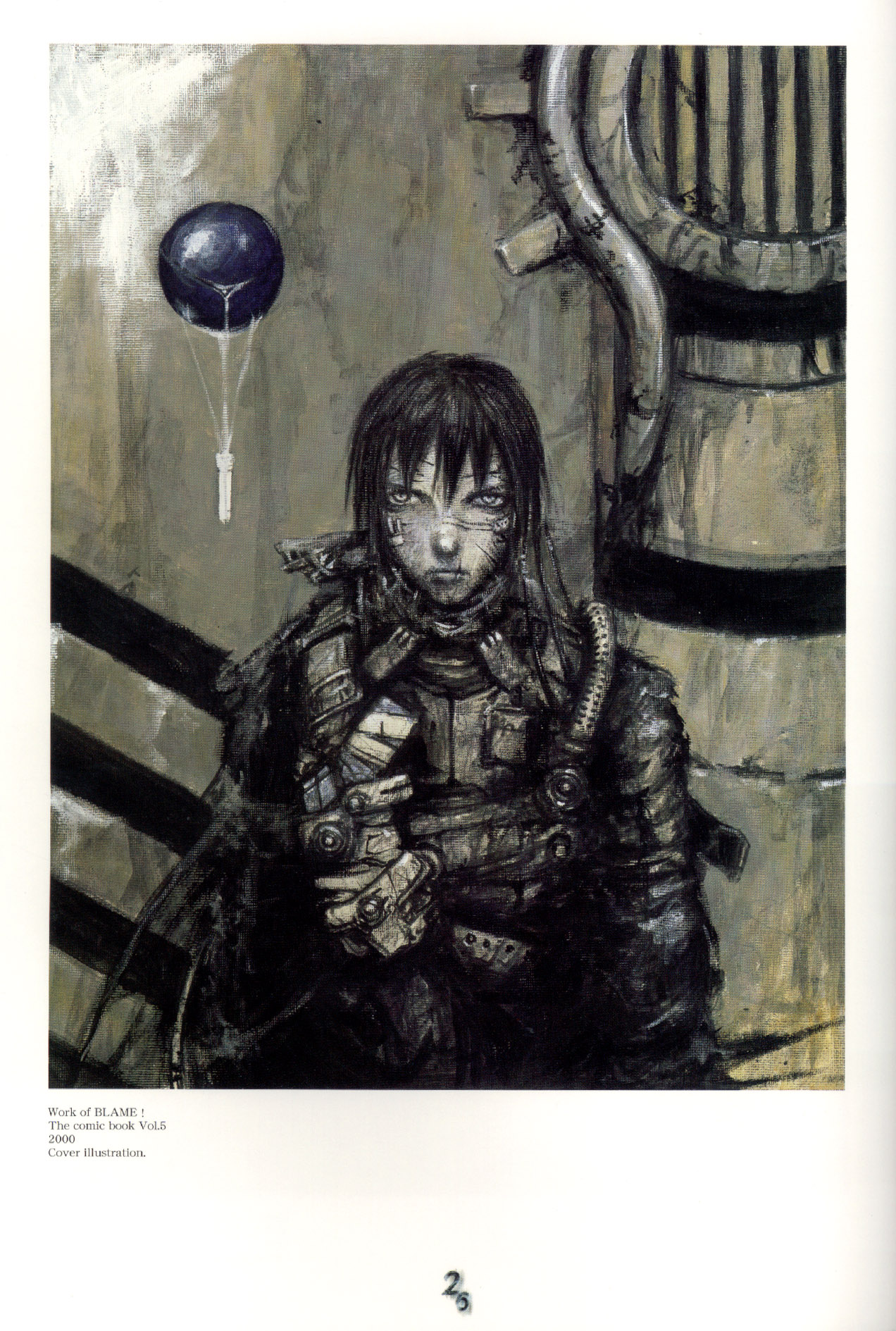 nihei tsutomu, killy, blame!, blame and so on, uniform, highres, 1boy, against wall, armor, balloon, black bodysuit, black hair, bodysuit, building, expressionless, industrial pipe, looking at viewer, male focus, ruins, scar, solo, upper body, wire